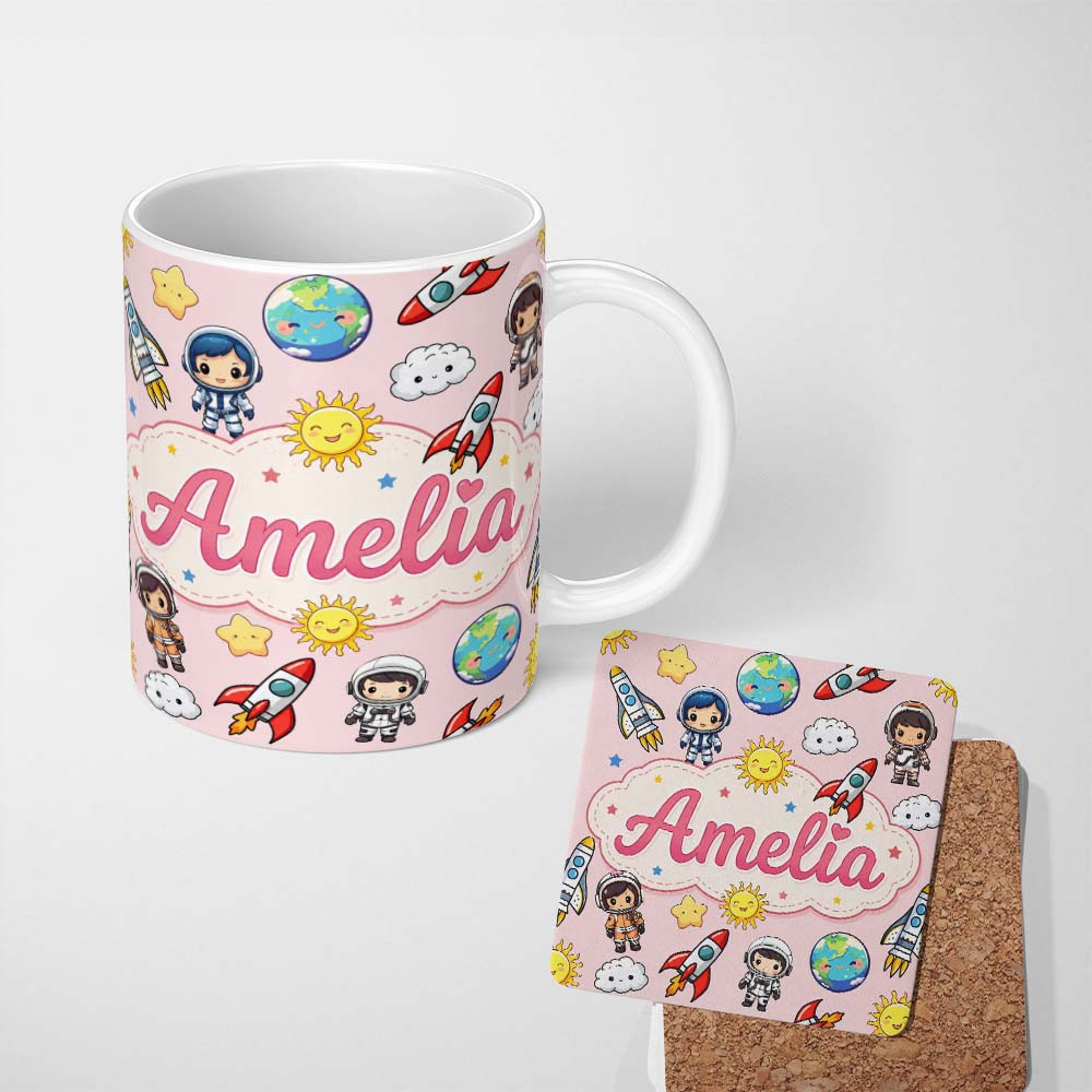 Personalized Custom Name Kids Space Rockets Astronaut Seamless Pattern Soft Pink Background 11oz Ceramic Coffee Tea Mug White Large Handle