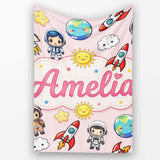Kids Space Rockets Astronaut Seamless Pattern Soft Pink Background  Personalised Custom Name Super Soft Fleece Blanket Bed Sofa Throw