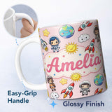 Personalized Custom Name Kids Space Rockets Astronaut Seamless Pattern Soft Pink Background 11oz Ceramic Coffee Tea Mug White Large Handle