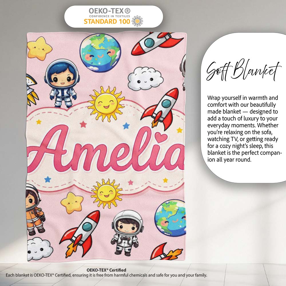 Kids Space Rockets Astronaut Seamless Pattern Soft Pink Background  Personalised Custom Name Super Soft Fleece Blanket Bed Sofa Throw