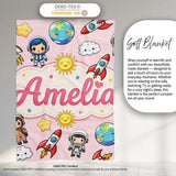 Kids Space Rockets Astronaut Seamless Pattern Soft Pink Background  Personalised Custom Name Super Soft Fleece Blanket Bed Sofa Throw