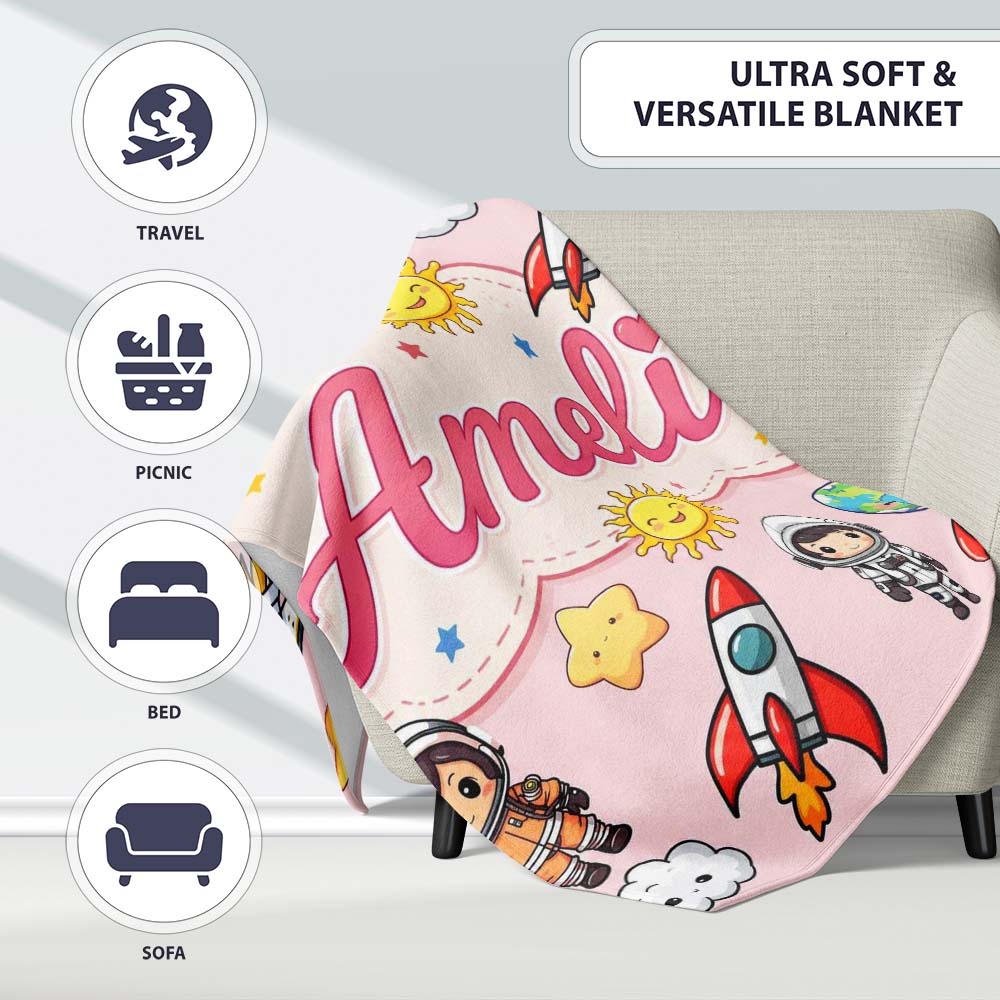 Kids Space Rockets Astronaut Seamless Pattern Soft Pink Background  Personalised Custom Name Super Soft Fleece Blanket Bed Sofa Throw
