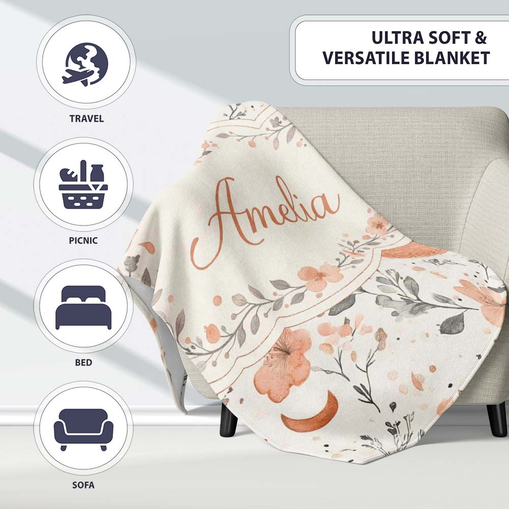 Cute Fox Floral Seamless Pattern Thoughtful Gift Idea Lovely  Personalised Custom Name Super Soft Fleece Blanket Bed Sofa Throw