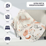 Cute Fox Floral Seamless Pattern Thoughtful Gift Idea Lovely  Personalised Custom Name Super Soft Fleece Blanket Bed Sofa Throw