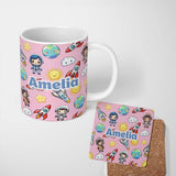 Personalized Custom Name Kids Space Rockets Astronaut Seamless Pattern Rose Pink Background 11oz Ceramic Coffee Tea Mug White Large Handle