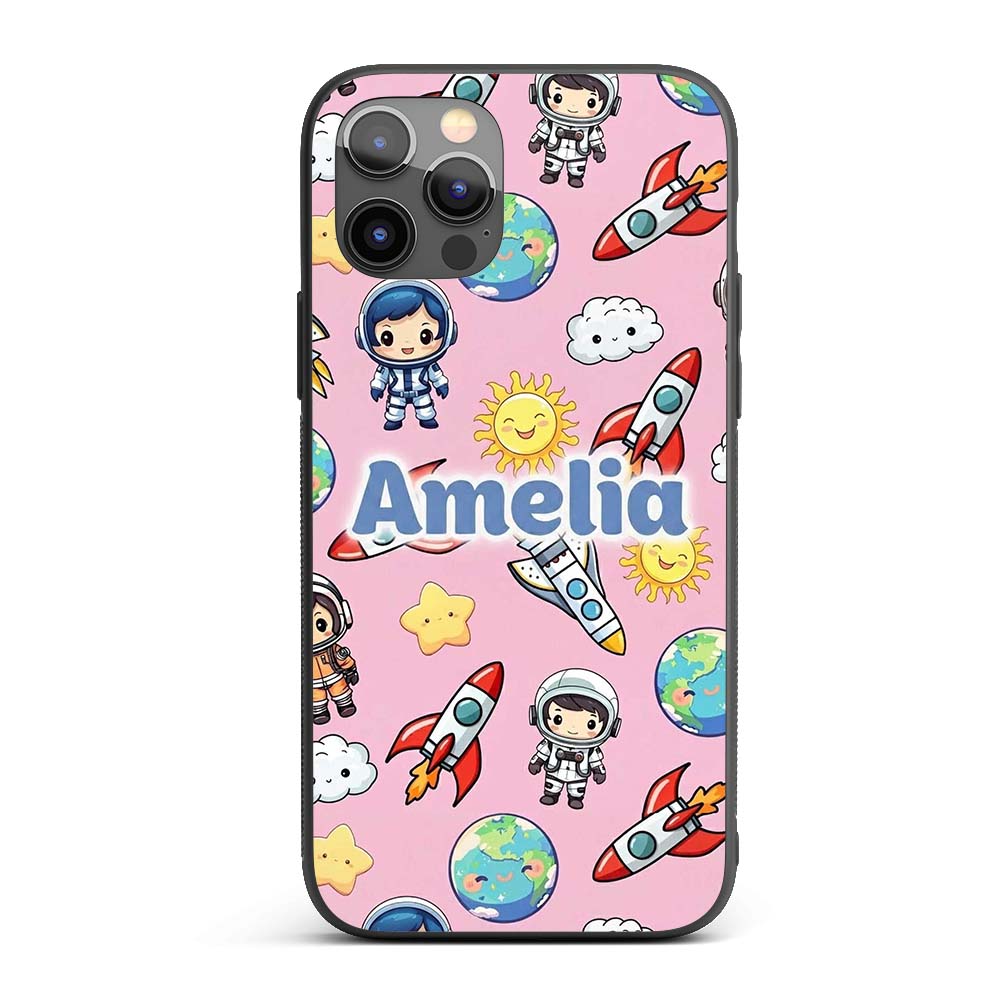 Kids Space Rockets Astronaut Seamless Pattern Custom Name Protective Phone Case Mobile Cover Durable Everyday Smartphone Shock Resistant