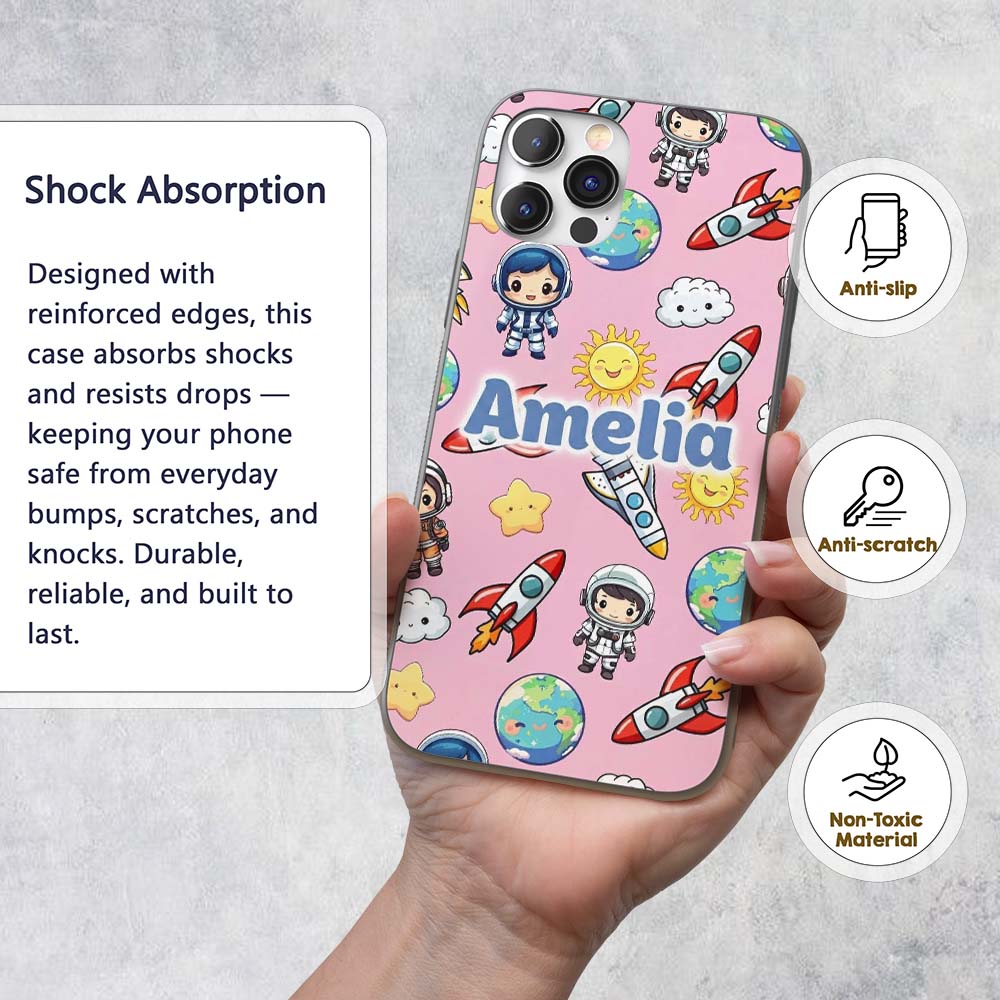 Kids Space Rockets Astronaut Seamless Pattern Custom Name Protective Phone Case Mobile Cover Durable Everyday Smartphone Shock Resistant