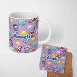 Personalized Custom Name Cute Kids Space Rockets Astronaut Seamless Pattern Purple 11oz Ceramic Coffee Tea Mug White Large Handle