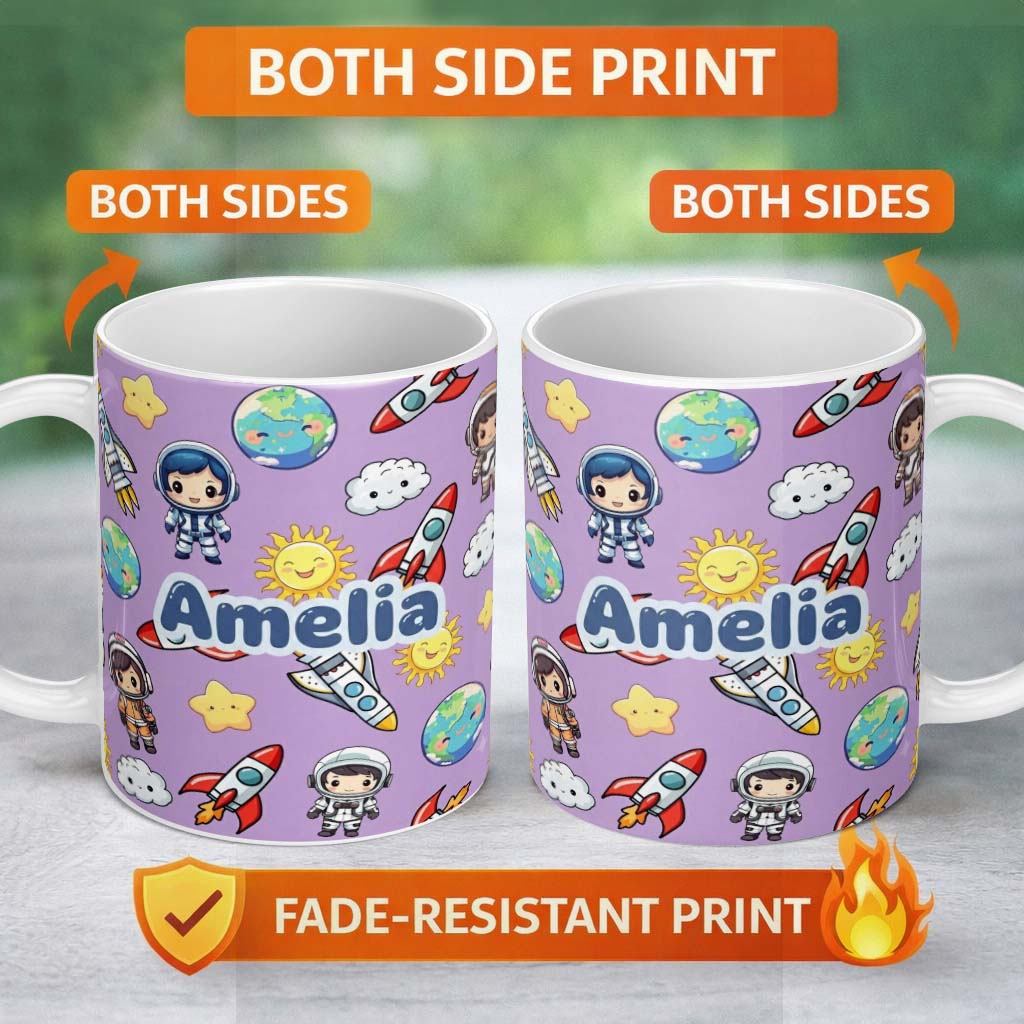 Personalized Custom Name Cute Kids Space Rockets Astronaut Seamless Pattern Purple 11oz Ceramic Coffee Tea Mug White Large Handle