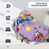 Cute Kids Space Rockets Astronaut Seamless Pattern Purple  Personalised Custom Name Super Soft Fleece Blanket Bed Sofa Throw