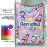 Cute Kids Space Rockets Astronaut Seamless Pattern Purple  Personalised Custom Name Super Soft Fleece Blanket Bed Sofa Throw