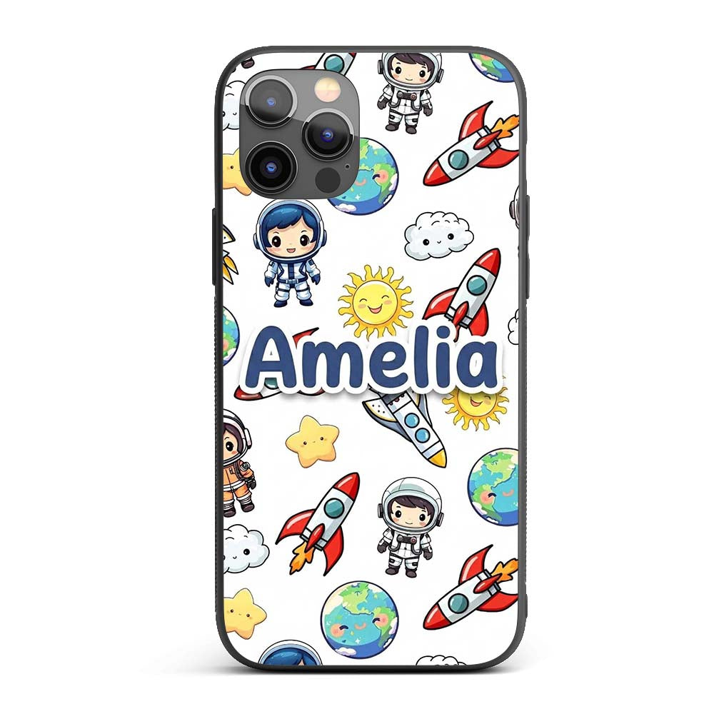 Cute Kids Space Rockets Astronaut Seamless Light Custom Name Protective Phone Case Mobile Cover Durable Everyday Smartphone Shock Resistant