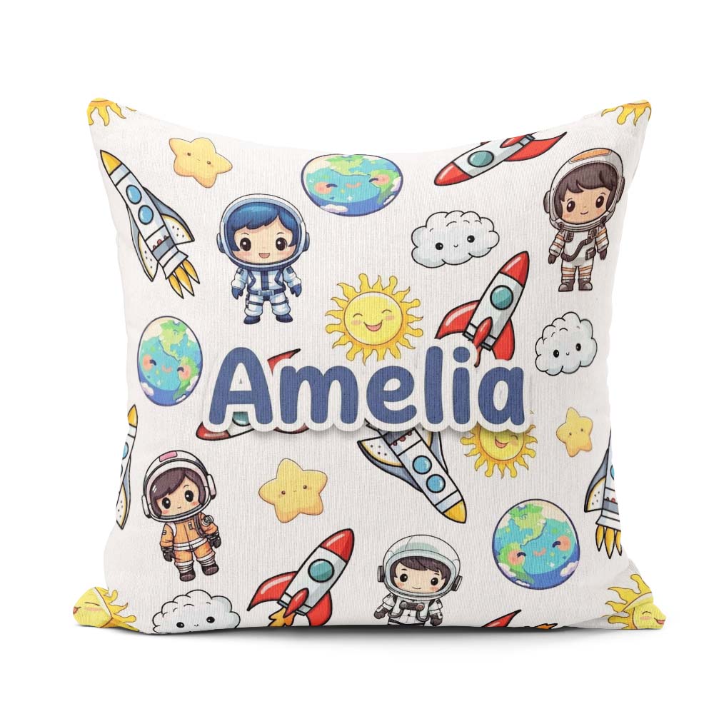 Custom Name Kids Space Astronaut Seamless Light Grey Background Square Filled Cushion Throw Pillow Sofa Bed Home Decor Zip Washable UK Made