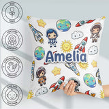 Custom Name Kids Space Astronaut Seamless Light Grey Background Square Filled Cushion Throw Pillow Sofa Bed Home Decor Zip Washable UK Made