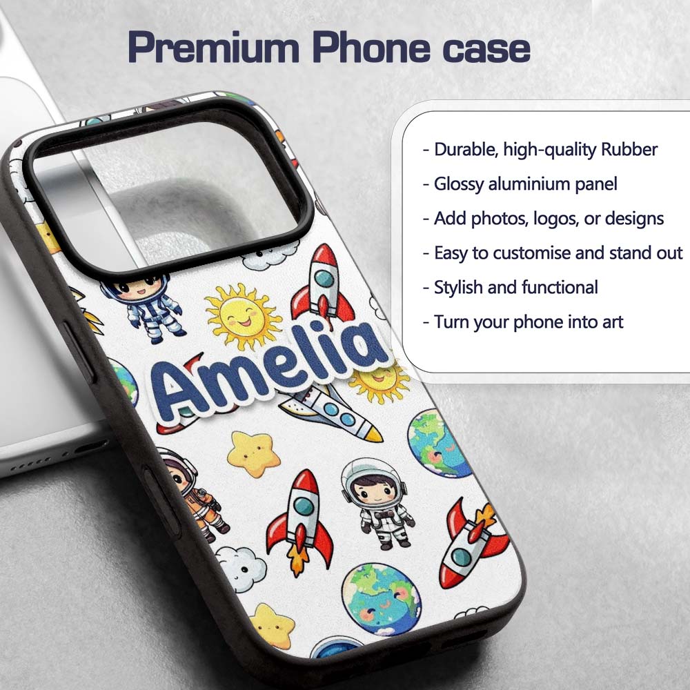 Cute Kids Space Rockets Astronaut Seamless Light Custom Name Protective Phone Case Mobile Cover Durable Everyday Smartphone Shock Resistant