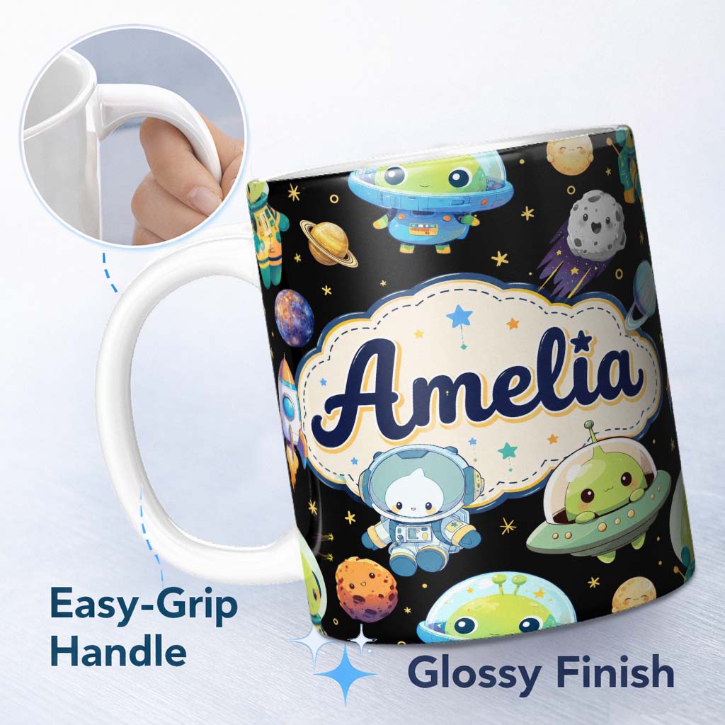 Personalized Custom Name Space Astronaut Alien UFO Seamless Black Background Fun Kids Design 11oz Ceramic Coffee Tea Mug White Large Handle