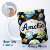 Personalized Custom Name Space Astronaut Alien UFO Seamless Black Background Fun Kids Design 11oz Ceramic Coffee Tea Mug White Large Handle