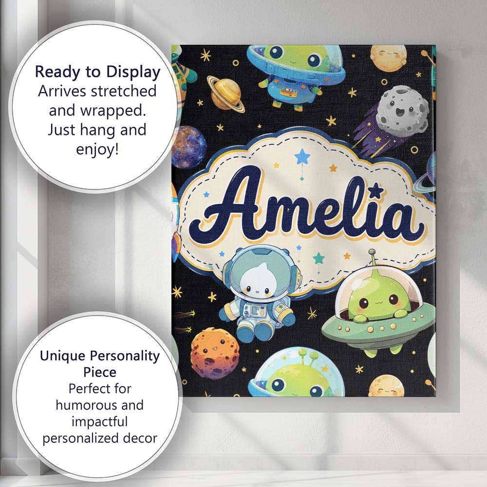 Personalised Name Space Astronaut Alien UFO Custom  Bespoke Interior Contemporary Canvas Wall Art Print Decor Picture Ready to Hang