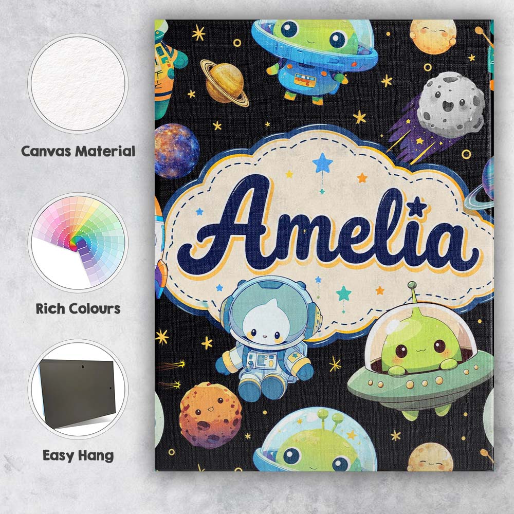 Personalised Name Space Astronaut Alien UFO Custom  Bespoke Interior Contemporary Canvas Wall Art Print Decor Picture Ready to Hang