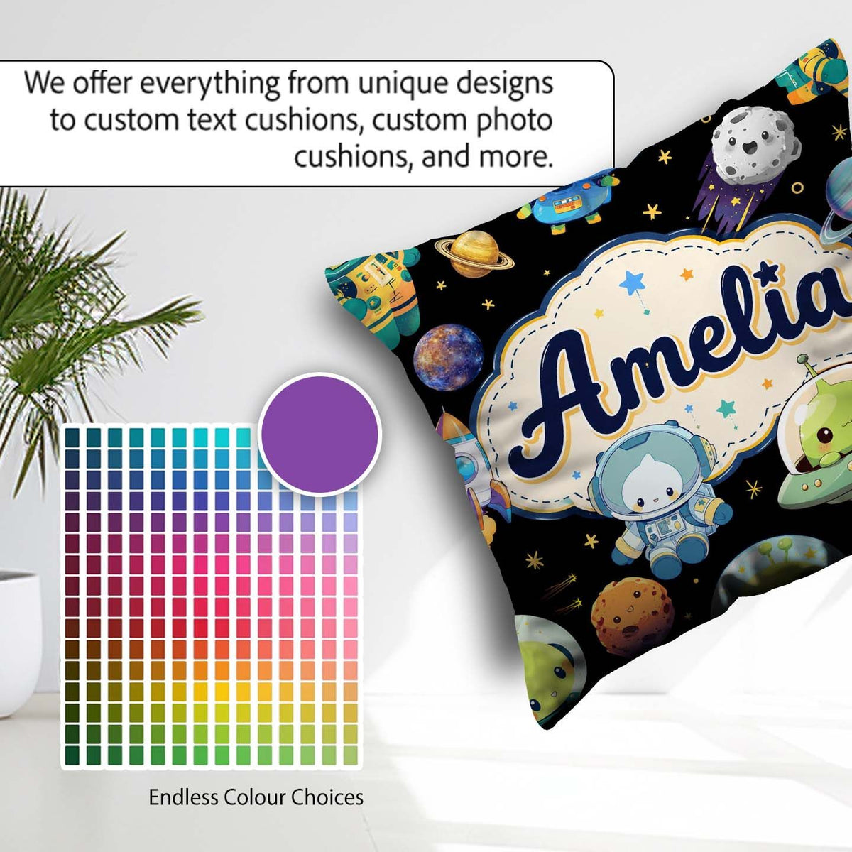 Custom Name Space Alien UFO Seamless Black Background Fun Design Square Filled Cushion Throw Pillow Sofa Bed Home Decor Zip Washable UK Made