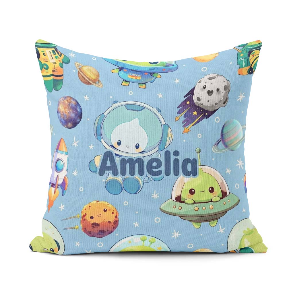 Custom Name Space Astronaut Alien UFO Light Blue Background Kids Square Filled Cushion Throw Pillow Sofa Bed Home Decor Zip Washable UK Made