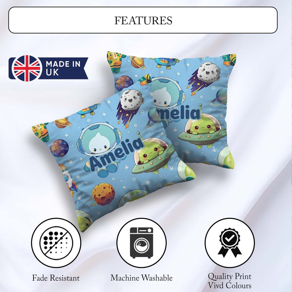 Custom Name Space Astronaut Alien UFO Light Blue Background Kids Square Filled Cushion Throw Pillow Sofa Bed Home Decor Zip Washable UK Made
