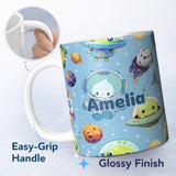 Personalized Custom Name Space Astronaut Alien UFO Seamless Light Blue Background Fun Kids 11oz Ceramic Coffee Tea Mug White Large Handle