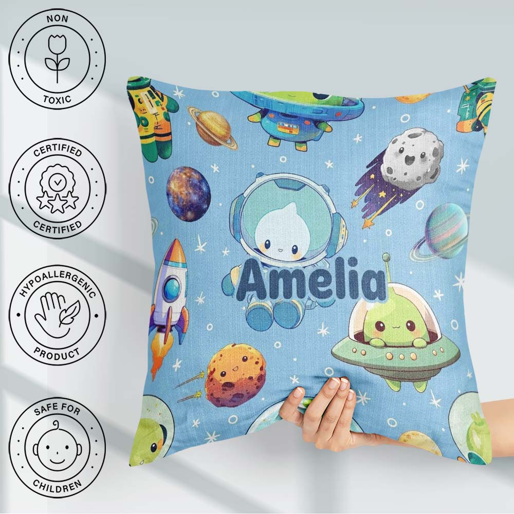 Custom Name Space Astronaut Alien UFO Light Blue Background Kids Square Filled Cushion Throw Pillow Sofa Bed Home Decor Zip Washable UK Made