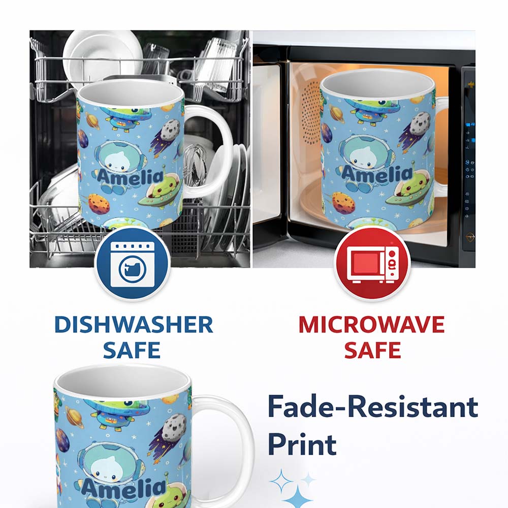 Personalized Custom Name Space Astronaut Alien UFO Seamless Light Blue Background Fun Kids 11oz Ceramic Coffee Tea Mug White Large Handle