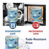 Personalized Custom Name Space Astronaut Alien UFO Seamless Light Blue Background Fun Kids 11oz Ceramic Coffee Tea Mug White Large Handle