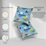 Custom Name Space Astronaut Alien UFO Light Blue Background Kids Square Filled Cushion Throw Pillow Sofa Bed Home Decor Zip Washable UK Made