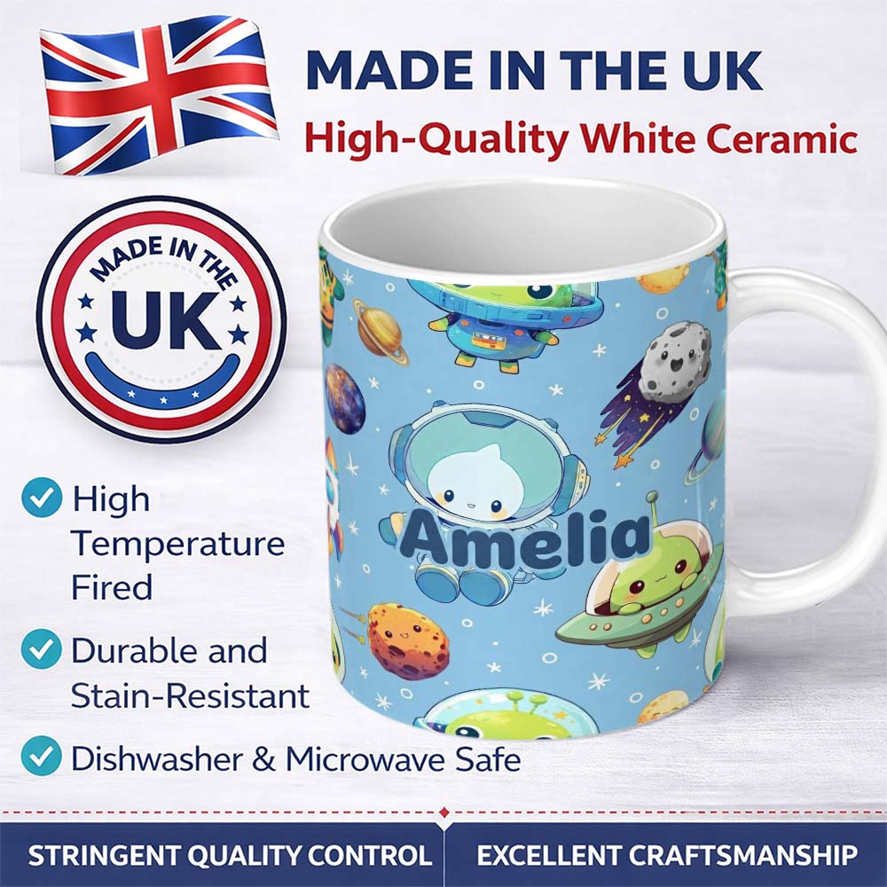 Personalized Custom Name Space Astronaut Alien UFO Seamless Light Blue Background Fun Kids 11oz Ceramic Coffee Tea Mug White Large Handle