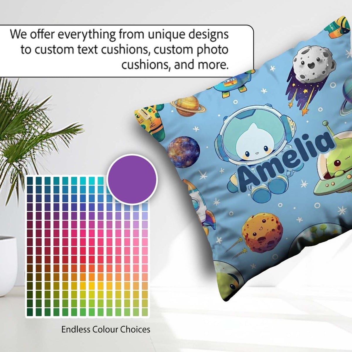 Custom Name Space Astronaut Alien UFO Light Blue Background Kids Square Filled Cushion Throw Pillow Sofa Bed Home Decor Zip Washable UK Made