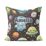 Custom Name Astronaut UFO Seamless Dark Grey Background Fun Kids Square Filled Cushion Throw Pillow Sofa Bed Home Decor Zip Washable UK Made