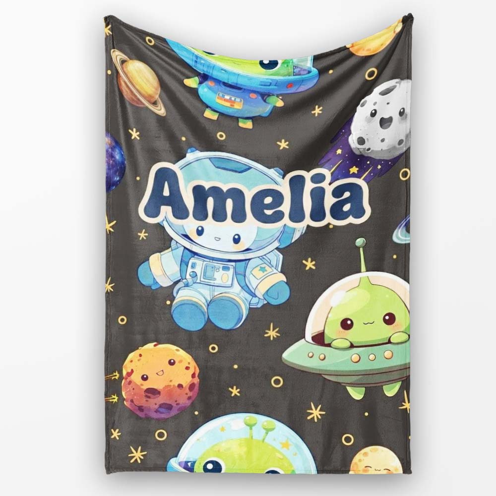 Space Astronaut Alien UFO Seamless Dark Grey Background Fun Kids  Personalised Custom Name Super Soft Fleece Blanket Bed Sofa Throw