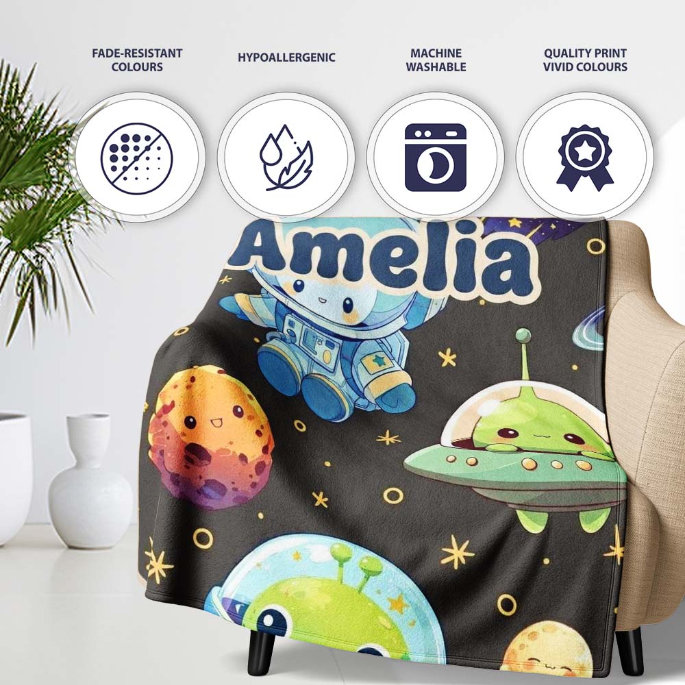 Space Astronaut Alien UFO Seamless Dark Grey Background Fun Kids  Personalised Custom Name Super Soft Fleece Blanket Bed Sofa Throw