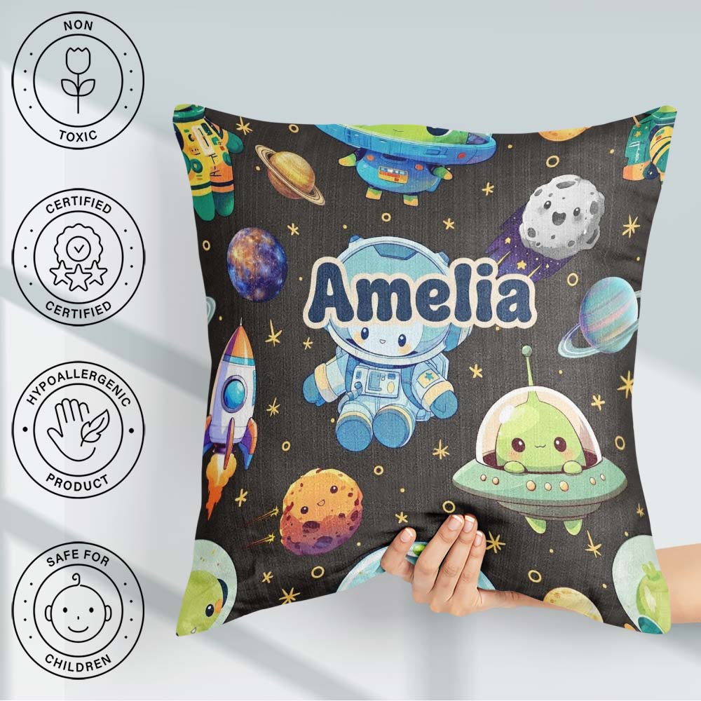 Custom Name Astronaut UFO Seamless Dark Grey Background Fun Kids Square Filled Cushion Throw Pillow Sofa Bed Home Decor Zip Washable UK Made