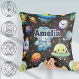 Custom Name Astronaut UFO Seamless Dark Grey Background Fun Kids Square Filled Cushion Throw Pillow Sofa Bed Home Decor Zip Washable UK Made