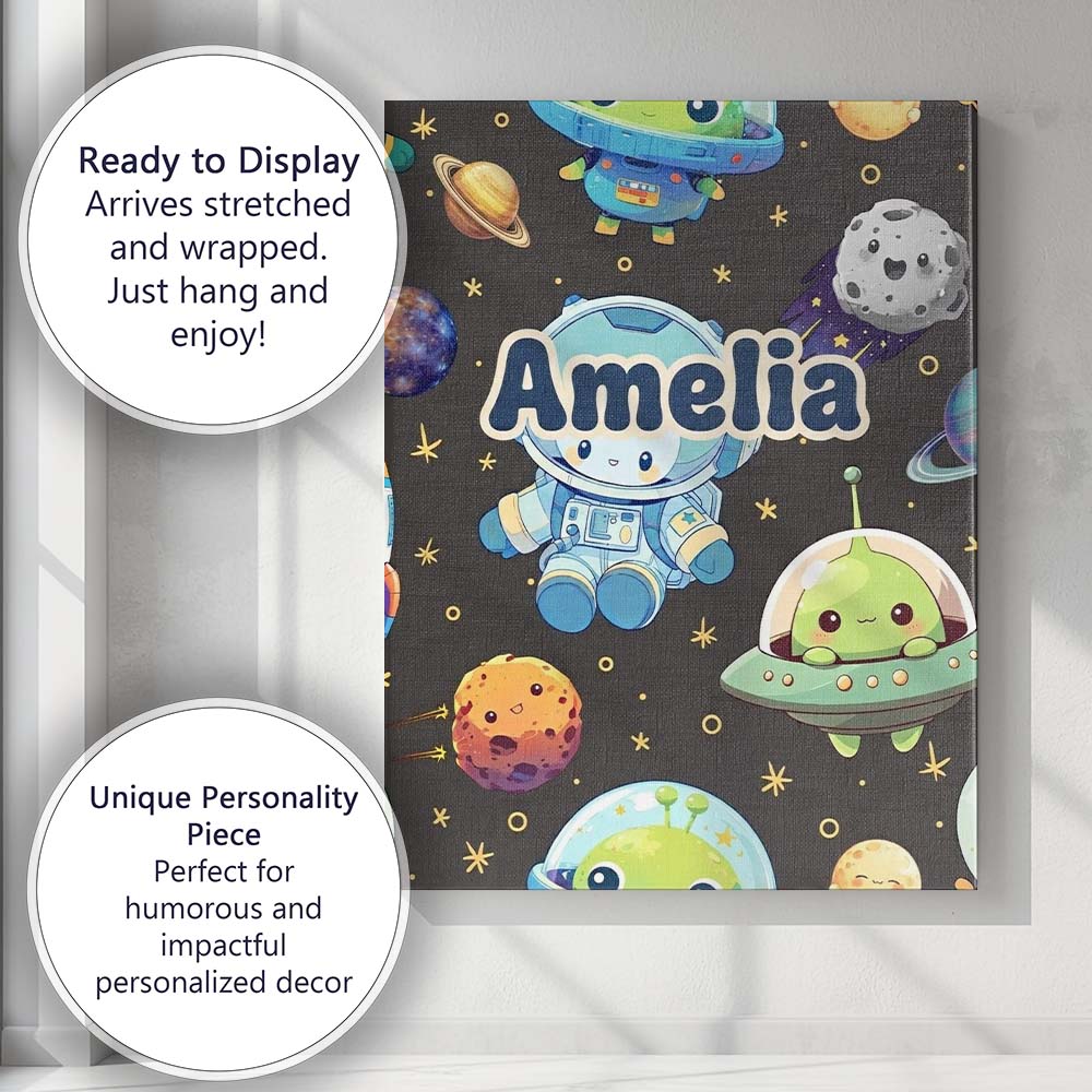 Personalised Name Space Astronaut Alien UFO Custom  Bespoke Interior Contemporary Canvas Wall Art Print Decor Picture Ready to Hang