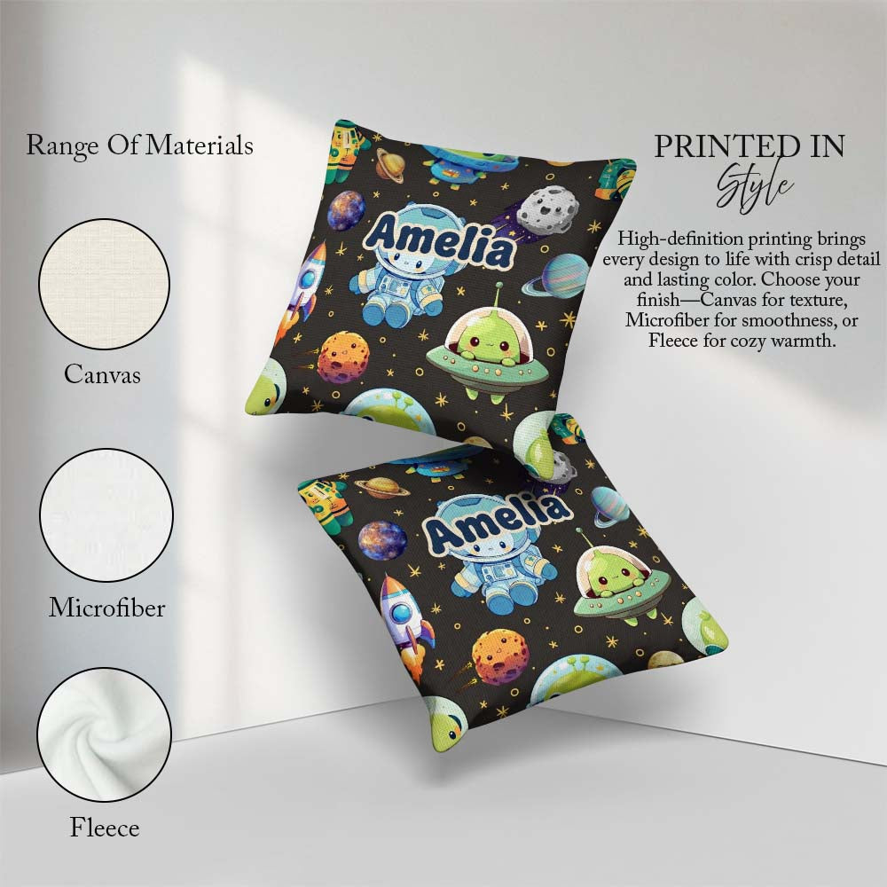 Custom Name Astronaut UFO Seamless Dark Grey Background Fun Kids Square Filled Cushion Throw Pillow Sofa Bed Home Decor Zip Washable UK Made