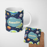Personalized Custom Name Space Astronaut Alien UFO Seamless Navy Blue Background Fun Kids 11oz Ceramic Coffee Tea Mug White Large Handle