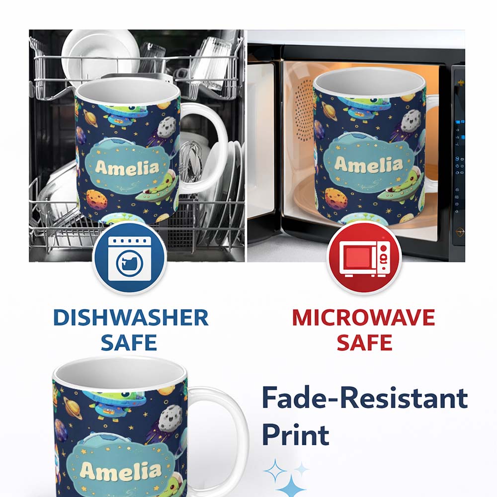 Personalized Custom Name Space Astronaut Alien UFO Seamless Navy Blue Background Fun Kids 11oz Ceramic Coffee Tea Mug White Large Handle