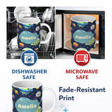 Personalized Custom Name Space Astronaut Alien UFO Seamless Navy Blue Background Fun Kids 11oz Ceramic Coffee Tea Mug White Large Handle