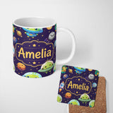 Personalized Custom Name Space Astronaut Alien UFO Seamless Purple Background Fun Kids 11oz Ceramic Coffee Tea Mug White Large Handle