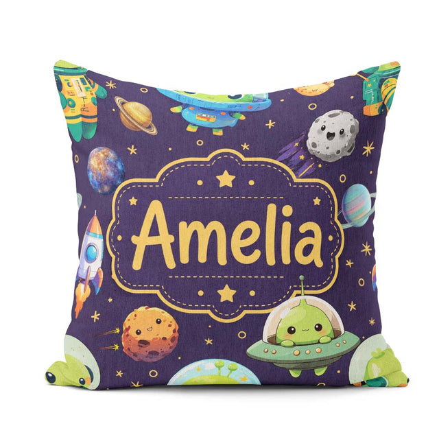 Custom Name Space Astronaut Alien UFO Purple Background Fun Kids Square Filled Cushion Throw Pillow Sofa Bed Home Decor Zip Washable UK Made