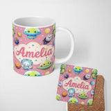 Personalized Custom Name Space Astronaut Alien UFO Seamless Pink Background Fun Kids Design 11oz Ceramic Coffee Tea Mug White Large Handle
