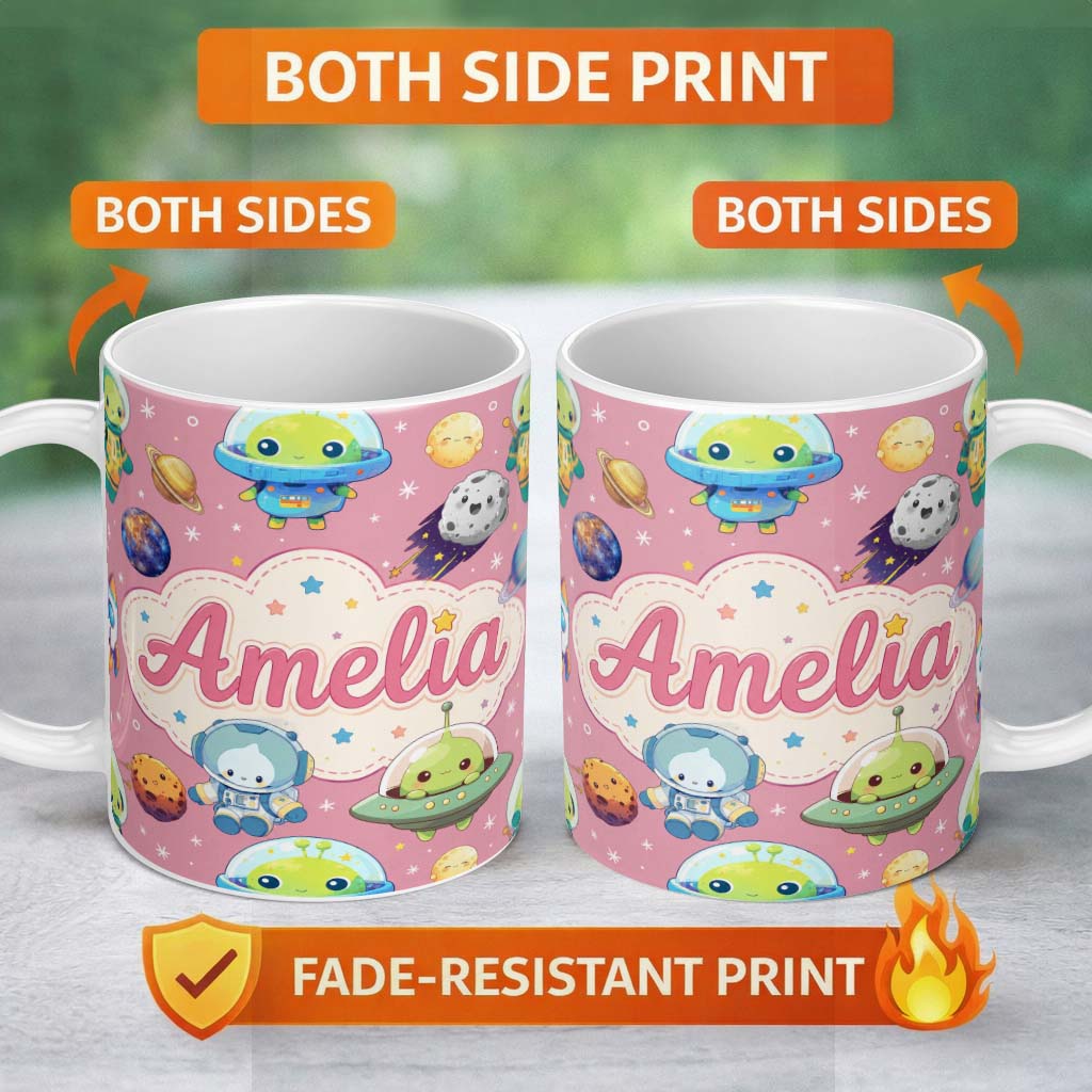 Personalized Custom Name Space Astronaut Alien UFO Seamless Pink Background Fun Kids Design 11oz Ceramic Coffee Tea Mug White Large Handle