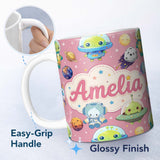 Personalized Custom Name Space Astronaut Alien UFO Seamless Pink Background Fun Kids Design 11oz Ceramic Coffee Tea Mug White Large Handle