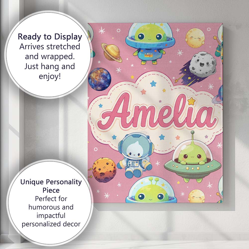Personalised Name Space Astronaut Alien UFO Custom  Bespoke Interior Contemporary Canvas Wall Art Print Decor Picture Ready to Hang