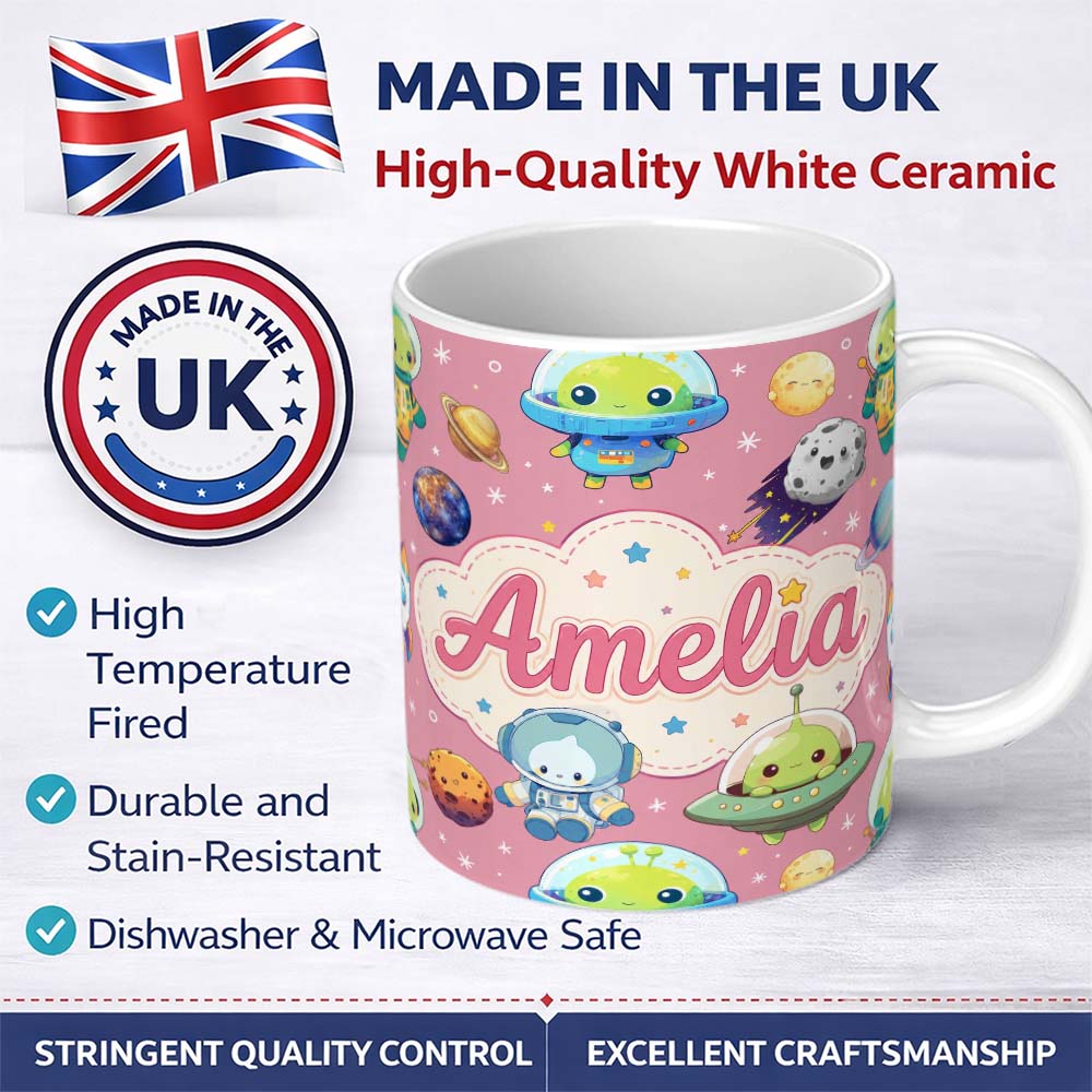 Personalized Custom Name Space Astronaut Alien UFO Seamless Pink Background Fun Kids Design 11oz Ceramic Coffee Tea Mug White Large Handle